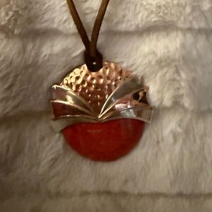 Jay King Marked 925 Copper China Pendant Necklace with Red Stone on Brown Cord